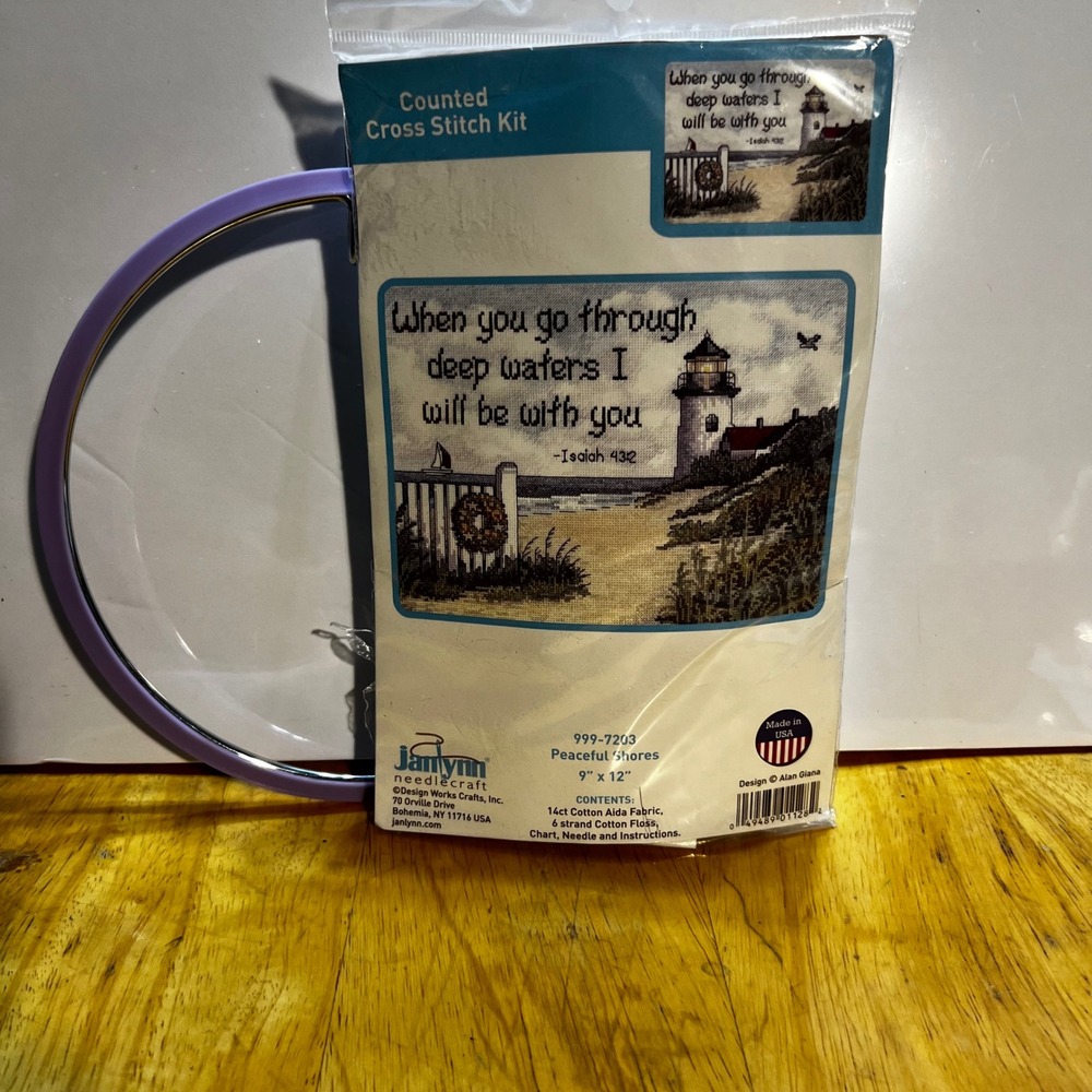 Janlynn 9x12 Cross Stitch Kit Peaceful Shores Isaiah 43:2 Lighthouse Coastal